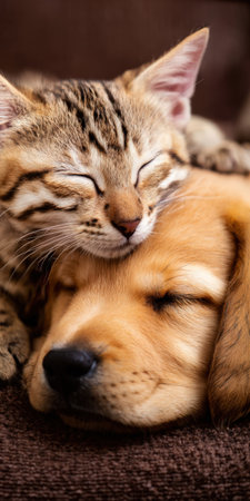 Kittens curled with a golden retriever puppy, sleeping in a cozy embrace on a brown blanket, capturing peaceful interspecies friendship, warmth and gentle companionshipの素材