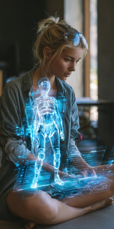Woman sitting cross-legged, engaging with a glowing blue holographic human-like robot and futuristic digital interface, displaying advanced augmented reality and artificial intelligence conceptsの素材