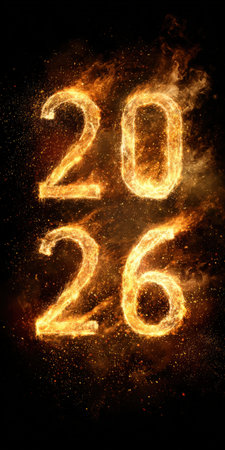 Fiery 2026 numbers glowing with sparks and flames against a dark, abstract backdrop, representing new beginnings and upcoming celebrations for the vertical new yearの素材