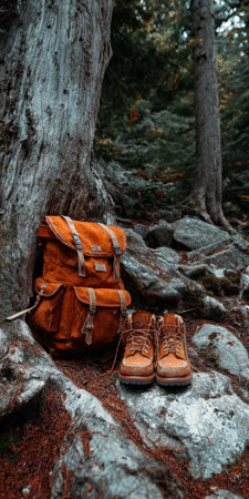 Vintage backpack and worn hiking boots resting on rocky pine-strewn ground, ready for a forest trek - rustic outdoor gear set against trees and trails for adventure travelの素材