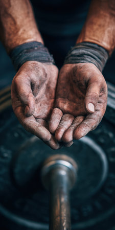 Athlete's chalk-dusted hands, wearing wrist wraps, are open and ready to grip the barbell, symbolizing hard work, determination, and intense gym trainingの素材
