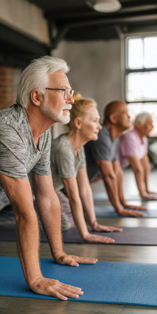 Group of diverse seniors practicing yoga on mats in a studio, staying active and healthy with stretching, balance and mindfulness for wellbeing and community connectionの素材