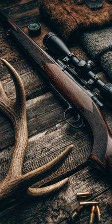 Hunters gear, including a scoped rifle with wooden stock, deer antler, compass, and brass cartridges, resting on an old textured wooden table, representing a classic outdoor hunting themeの素材