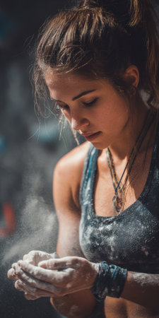 Young woman chalking her hands and intently focusing before a bouldering session, showing preparation, grip strength and determination for indoor climbing training and fitnessの素材