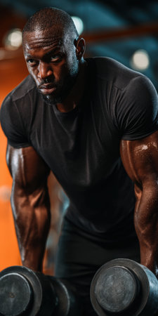 Athletic african american man lifting heavy dumbbells in a gym, muscles straining with sweat and focus, showcasing strength, dedication and intense fitness trainingの素材