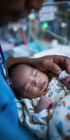 Doctor's hand gently touching a sleeping newborn baby's head, symbolizing care, protection, and the start of life in a hospital or medical clinic environmentの素材