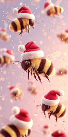 Cute bumblebees with red santa hats flying in a festive, light-filled pink and purple background, creating a whimsical christmas concept and holiday atmosphereの素材