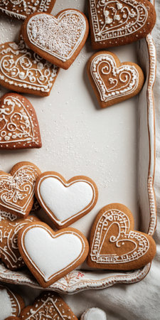 Gingerbread cookies with white icing decoration in heart shapes arranged on a rustic tray, celebrating occasions like Valentine's day, anniversaries, or Christmas with love and sweetnessの素材