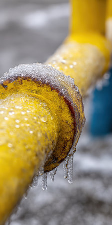 Yellow metal pipe section accumulating thick ice and dangling icicles, showing the impact of extreme cold and winter conditions on industrial infrastructureの素材