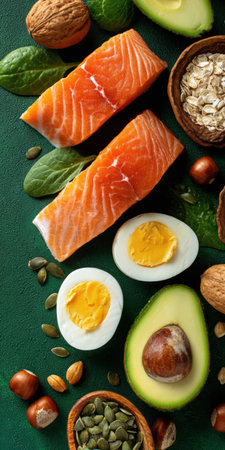 Nutrient-dense superfood selection featuring fresh salmon, eggs, avocado, spinach, various nuts, and seeds, supporting a balanced and nutritious diet for a healthy lifestyleの素材