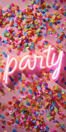 Neon pink party sign glowing brightly, centered on a light pink surface, surrounded by vibrant multicolored confetti creating a festive and celebrating atmosphereの素材