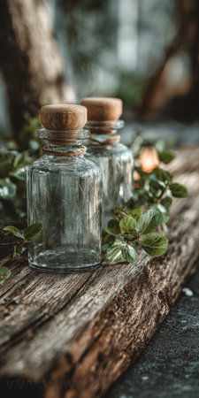 Clear glass bottles with cork stoppers and twine resting on weathered wood, surrounded by green leaves in a rustic, natural still life evoking herbal, eco-friendly wellnessの素材