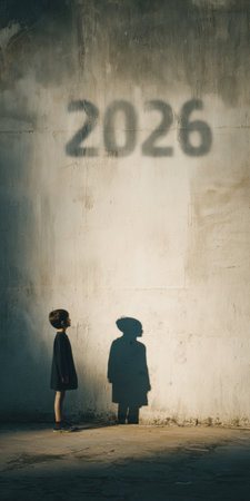 Child standing beside a wall with projected shadow of an adult and the year 2026, representing the passage of time, growth, anticipation, and the journey into the futureの素材
