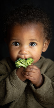 Happy african american baby learning to eat healthy green broccoli, promoting wholesome nutrition and a balanced diet for childhood development on a dark backgroundの素材