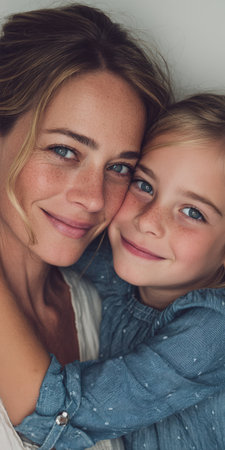 Mother and daughter with freckles embrace and smile, sharing a tender, warm moment of love and connection; close-up portrait capturing joy, trust and family affectionの素材