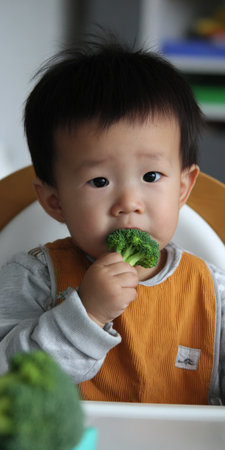 Young Asian baby learning to eat solids, holding and tasting a small broccoli floret in a high chair, exploring healthy vegetables and joyful early-food discovery and developmentの素材