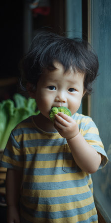 Adorable asian toddler girl by a window holding and tasting fresh green broccoli, joyful portrait promoting healthy childhood nutrition, natural eating habits and growthの素材