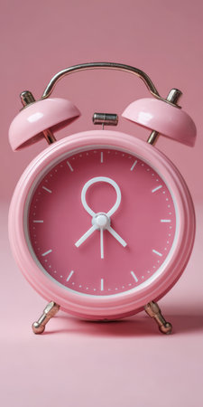 Pink retro alarm clock featuring bells and metallic elements, standing upright on a matching pink monochromatic background, symbolizing wakefulness, deadlines, or daily routinesの素材
