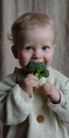 Toddler happily holding and biting into a fresh green broccoli floret, demonstrating a positive attitude towards healthy eating and nutrition in childhood developmentの素材