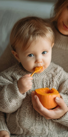 Baby boy sitting with an adult, holding a spoon and eating mashed pumpkin, a nutritious and healthy meal, symbolizing early childhood nutrition and careの素材