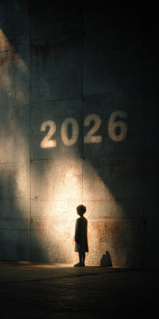 Child standing in a dark room illuminated by a strong light revealing the number 2026 on a cracked wall, symbolizing childhood, future, hope, and anticipation of upcoming yearsの素材