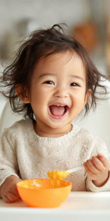 Adorable baby sitting in a high chair, joyfully looking at the camera while holding a spoon with orange pureed food from a bowl, experiencing a healthy mealの素材