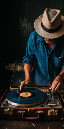 Man in hat and blue shirt gently places a vinyl record onto a vintage turntable, savoring analog sound and retro nostalgia in a close-up indoor music momentの素材