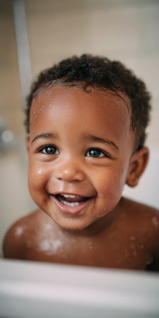 Adorable dark-skinned toddler with wet curly hair and water drops on his skin, laughing and smiling at the camera while joyfully enjoying bath time at home, close-up portraitの素材
