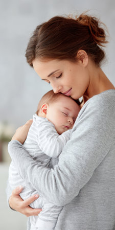 Mother cradling a sleeping newborn baby close to her chest, showing tenderness, love, and care while feeling strong maternal bonding and gentle embraceの素材