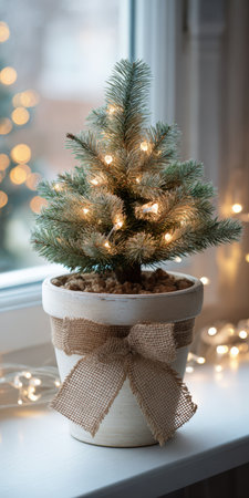 Small faux christmas tree decorating a windowsill, illuminating a cozy winter holiday scene with glowing string lights and a burlap bow on the pot, creating warm festive ambianceの素材
