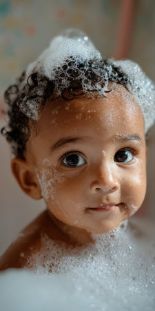 Adorable clean baby enjoying a bubble bath, with foam on head and face, looking directly at the camera while experiencing joy and innocence during healthy routineの素材