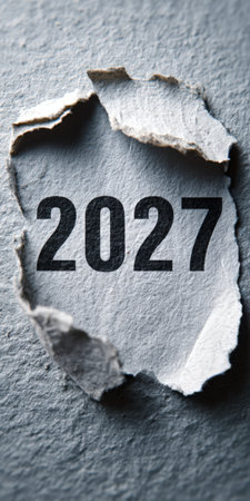 Torn paper revealing the year 2027 representing upcoming annual events, future planning, and the passage of time, with a focus on new beginnings and forecastingの素材