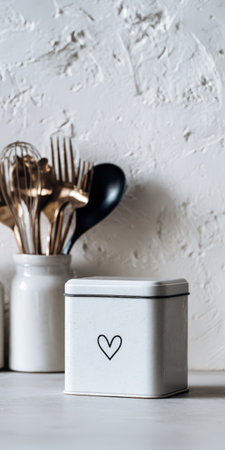 White minimalist kitchen storage container with a black heart icon standing on a counter next to a ceramic jar holding golden and black cooking utensils, on a textured white backgroundの素材