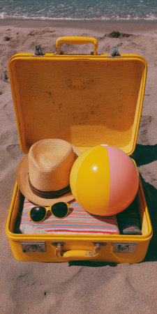 Yellow vintage suitcase open on the sand, filled with a straw hat, sunglasses, striped towel, and a beach ball, preparing for travel at the ocean shoreの素材