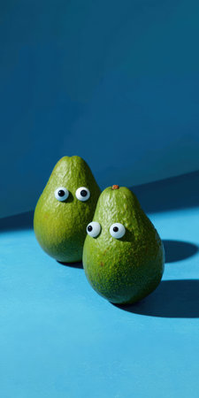 Two charming green avocados with googly eyes are bringing cuteness and a playful mood, standing vertically against a vibrant blue background with light and shadowの素材
