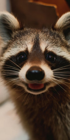 Raccoon watching with big curious eyes and a small tongue licking its lips, displaying cute facial features and whiskers in an expressive wildlife headshotの素材