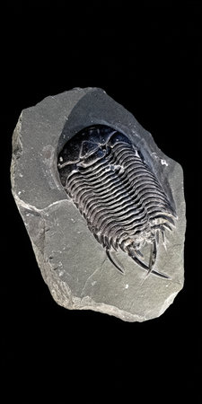 Trilobite fossil presenting an ancient marine arthropod perfectly preserved within a dark gray sedimentary rock, highlighting the detailed exoskeleton remains from a prehistoric eraの素材