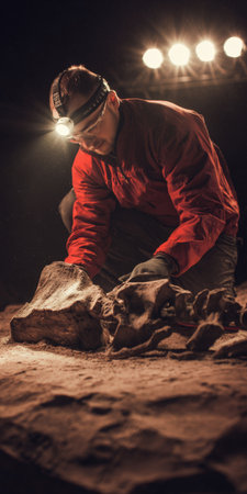 Paleontologist carefully uncovering a rare fossilized dinosaur skeleton in dusty terrain, illuminating the archaeological discovery with a headlamp during an intense nocturnal excavationの素材