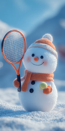 Cute snowman smiling outdoors on fresh snow, holding an orange tennis racket and ball, wearing hat and scarf, playful winter sport scene full of festive, cheerful charmの素材