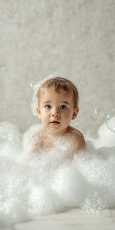 Baby boy smiling and playing in a foam-filled bathtub, surrounded by soap bubbles during a cheerful daily bath - tender, clean, playful moment of childhood hygieneの素材