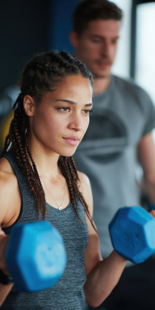 Woman focusing on her weight training routine, lifting blue dumbbells for a bicep curl, receiving guidance and support from a blurred personal trainer in a gym settingの素材