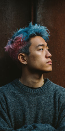 Young Asian man looking away, featuring his two-tone vibrant blue and pink hair, wearing a gray knit sweater, reflecting individuality and contemporary style against a rustic backgroundの素材