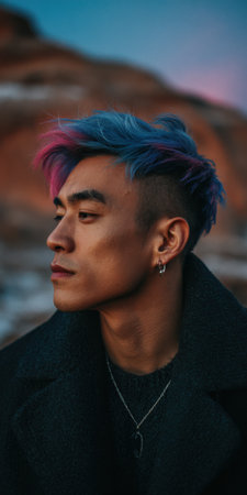 Young man with vibrant blue and pink dyed hair, an undercut, and a dark coat, looking into the distance with a serious expression against an outdoor backdropの素材