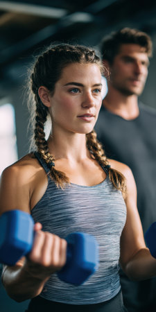 Woman with braided hair lifting blue dumbbells during a focused strength training session in the gym, with a blurred man in the background, promoting exercise and health goalsの素材