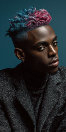 Stylish young black man posing for a portrait, showcasing his unique two-tone blue and pink dyed curly hair, modern fashion, and individual expression against a simple backgroundの素材