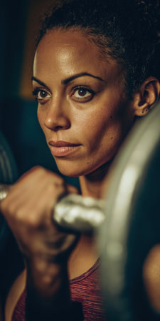 Determined young woman concentrating during an intense weightlifting session in a dark gym, showing strength, focus and commitment to fitness and healthy lifestyle goalsの素材