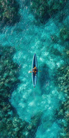 Kayaker paddling over crystal-clear turquoise lagoon above vibrant coral reef, aerial top view capturing tropical serenity, summer adventure and peaceful ocean leisureの素材