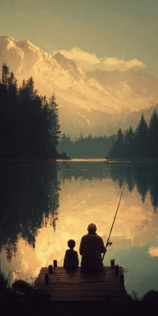 Grandfather and grandson sitting on a wooden dock, fishing in a serene mountain lake, reflecting the warm glow of the setting sun, symbolizing strong family bonds and peaceful moments in natureの素材