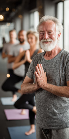 Senior man with a white beard smiling and looking at the camera while practicing tree pose with hands in namaste, standing on a yoga mat with other people in a group fitness classの素材