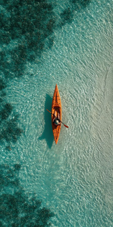 Person enjoying solitary travel by paddling an orange kayak on sparkling turquoise water, showcasing a serene and peaceful experience in a tropical ocean environmentの素材